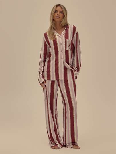 MUSERA Striped Embroidered Pocket Modal Loose Fit Boyfriend Pajama Shirt With Loose Fit Long Bottoms Set Nightwear Christmas Winter Cute Holidays Humbug