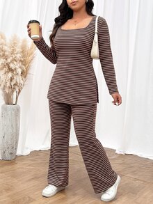 SHEIN Frenchy طقم نسائي مقاس كبير بقطعتين، تي شيرت قصير برقبة مربعة وبنطال مخطط، ملابس منزلية مريحة - متعدد الألوان - مشاهدة 6