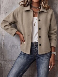 Zayélia Women's Solid Color Raglan Long Sleeve Single-Breasted Casual Overcoat, Autumn/Winter Office Everyday Going Out Work Olive Green - Khaki - View 4