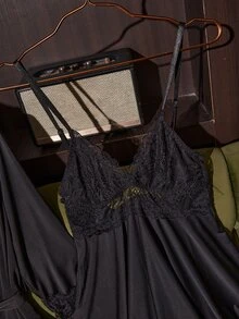 SilkySpell 5-Piece Lace Sexy Lingerie Set, Nightgown, Camisole, Shorts, Pants, Loungewear Set - Black - View 4