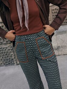 Nöista Geometric Print Trousers With Contrast Piping And Statement Pockets. High Waist And Flared Leg Create A Bold Retro Inspired Silhouette. - Navy Blue - View 7