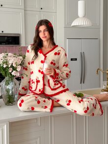 SweetSlumber Women's Cute Cherry Plush Pajama Set, Contrast Color Romantic French Style Sleepwear Set For Autumn/Winter - Multicolor - View 4