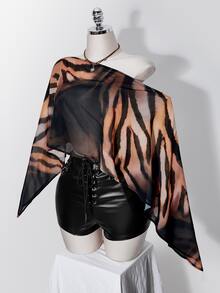 SHEIN ICON Plus Size Women's Floral Gold & Silver Metallic Y2K Sheer Top - Multicolor - View 3