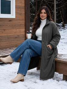 Easura Plus Size Autumn/Winter Long Sleeve Cinched Waist Long Padded Padded Coat - Dark Grey - View 3