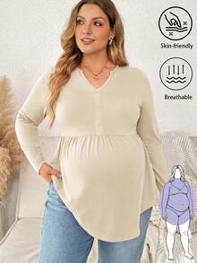 Plussiva Plus Notched Neckline Curved Hem Top Fall - Apricot - View 1