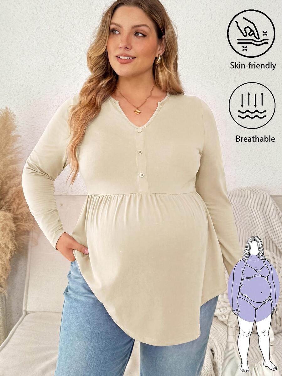 Plussiva Plus Notched Neckline Curved Hem Top Fall - Apricot - View 1