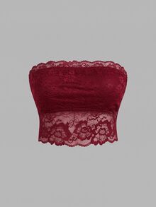 SHEIN ICON 女款黑色蕾絲抹胸上衣 抹胸上衣 - 酒紅色 - 查看 2