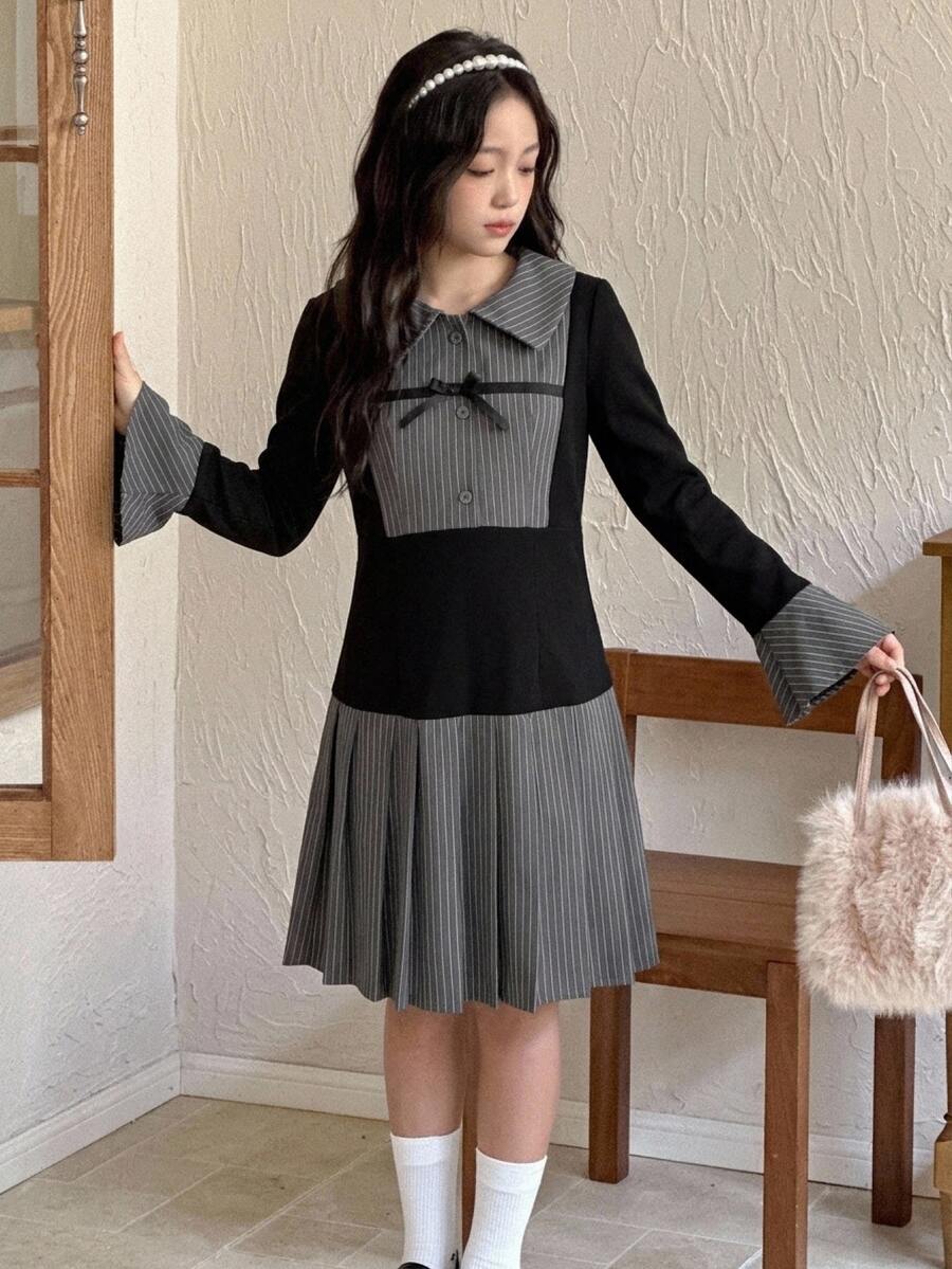 Dazy Kids Tween Girl Lapel Striped Bell Sleeve Long Sleeve Autumn Short Dress With Color Block Patchwork Design - Black - View 1