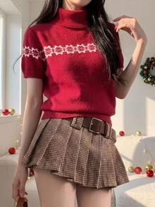 DAZY Áo len dệt kim tay ngắn cổ tròn họa tiết jacquard phong cách vintage cho nữ dịp Giáng Sinh - Đỏ - Xem 2