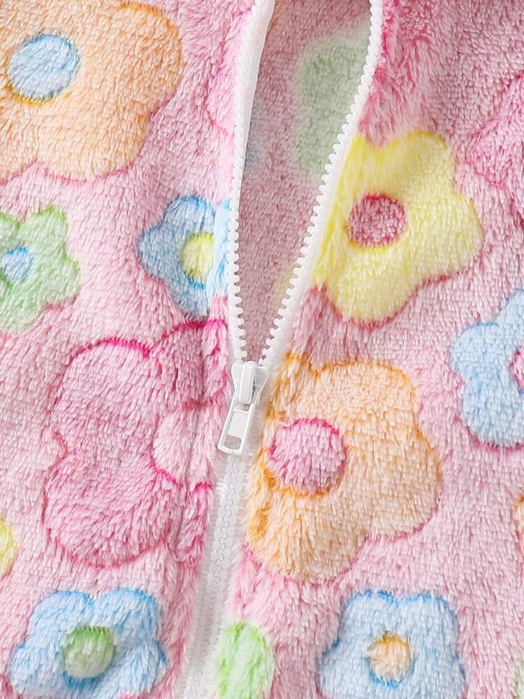 SHEIN Girls' Fall Winter Casual Khaki Leopard Print Plush Zip-Up Hooded Jacket With Jacquard Detail - Pink - View 5