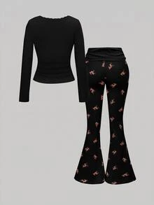 ROMWE J-Fashion 可愛鹿圖案刺繡蕾絲上衣搭配鹿圖案喇叭褲，秋冬款 - 黑色 - 查看 2