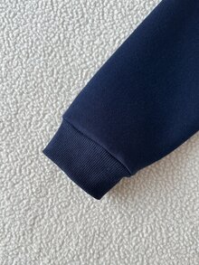 SHEIN 青少年女孩秋冬抓絨2件套套裝，學院風翻領2合1短版衛衣配蝴蝶結刺繡與寬腿運動長褲套裝 - 藏蓝色 - 查看 8