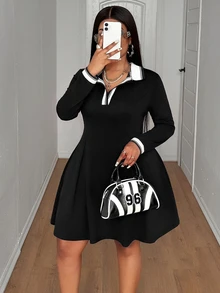 Maweii Plus Size Black Elegant Elegant Slim Fit Long Sleeve Dress - Black - View 7