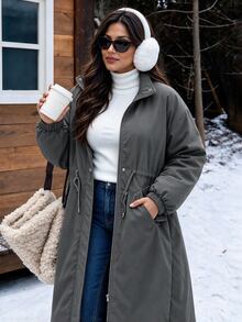 Easura Plus Size Autumn/Winter Long Sleeve Cinched Waist Long Padded Padded Coat - Dark Grey - View 1