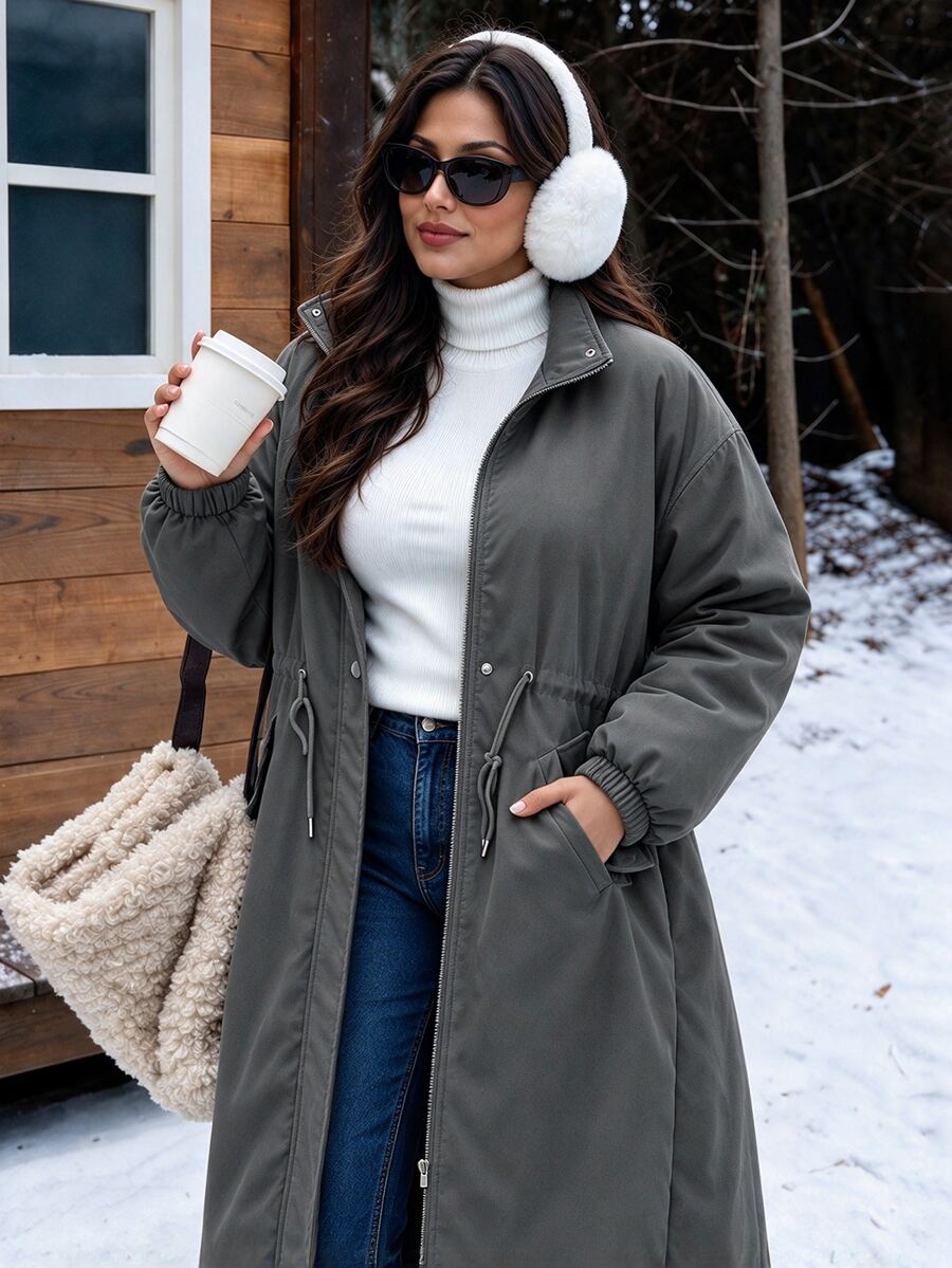 Easura Plus Size Autumn/Winter Long Sleeve Cinched Waist Long Padded Padded Coat - Dark Grey - View 1