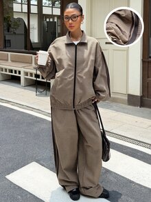 Muchica 棕色格紋兩件套夾克與長褲套裝，棕色格紋拼接織帶，編織休閒街頭風 Y2K，適合派對、日常通勤、聖誕節、新年、感恩節、婚禮、畢業典禮、優雅出遊約會等場合 - 咖啡棕 - 查看 3