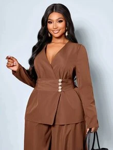 SOLERSUN Plus Size Women's Autumn/Winter Elegant Wrap Metal Single-Breasted V-Neck Blouse With Lantern Wide-Leg Pants - Coffee Brown - View 6