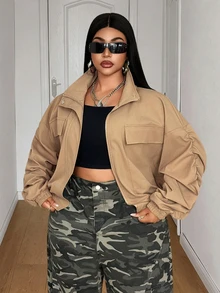 Maweii Plus Size American Style Short Khaki Casual Streetwear Utility Jacket - Khaki - View 2