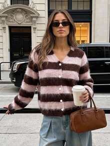 Livesso Women's Pink Round Neck Button Cable Knit Long Sleeve Slim Fit Ribbed Cardigan, Autumn/Winter - Pink - View 6