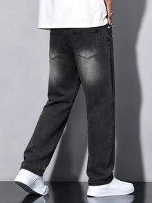 QuarKem Men's Fashion Casual Minimalist Black Washed Denim Straight Leg Pants - Dark Grey - View 2