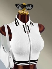 Amplova Women's Colorblock Zip-Up Top And Shorts Casual Daily Sports Outfit - White - View 6