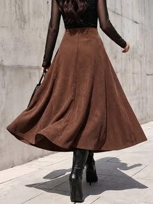 Balvessa Elegant Commute Modern Date Loose A-Line Asymmetrical Women's Mid-Length Skirt Brown Coffee Corduroy Spring Autumn Winter - Brown - View 2