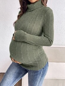 SHEIN 孕婦極簡休閒高領長袖修身T恤，秋季款 - 軍綠色 - 查看 7
