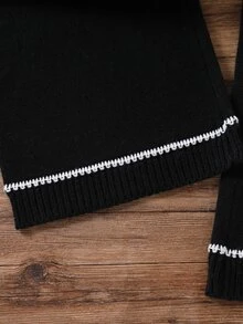 SHEIN 2件組女款針織套裝，極簡百搭圓領黑白對比提花條紋寬鬆落肩長袖白色滾邊套頭毛衣，搭配同款直筒寬腿針織長褲，復古休閒慵懶風，適中厚度，下擺整齊，柔軟親膚，可分開穿著，適合日常穿著、上學、購物、聚會、戶外活動，秋冬款 - 黑色 - 查看 7