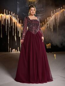 Glamrae Plus Size Elegant Romantic Square Neck Long Sleeve Sheer Luxury Sequin Contrast Mesh A-Line Evening Gown For Wedding Party Celebration Formal Event Dinner - Burgundy - View 6