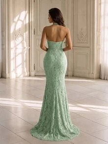Coutiva Women's Solid Color Halter Neck Elegant Fitted Evening Dress - Green - View 2