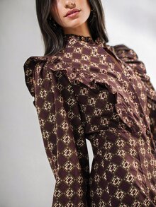 Nöista Geometric Print Ruffle Trim Jumpsuit - Brown - View 6
