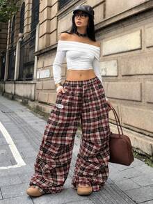 Coolane 女款秋季外出街頭風度假日常休閒基礎款棕色格紋寬腿運動長褲 - 棕色 - 查看 6
