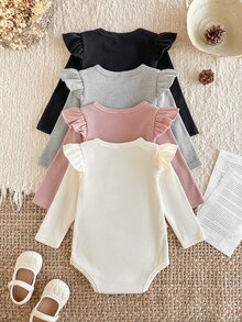 SHEIN Set 4 món bodysuit romper bé gái cơ bản thường ngày, màu trơn, len gân, tay ngắn và tay dài, độ dày vừa, phong cách mùa thu - Nhiều màu - Xem 2