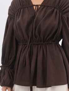 KÆRIA Hus Drawstring Waist Blouse - Fluid Textured Lyocell - Chocolate - Transeasonal, Tie-Neck, Full Sleeves - Brown - View 7