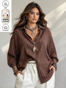 Ceyna Plus Size Brown Striped Cotton Blend Vintage Single-Breasted Button-Down Long Sleeve Shirt, Versatile Outerwear And Inner Layer For Women, Autumn/Winter - Coffee Brown - View 7
