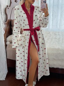 CottageSlumber Fresh Cherry Bow Print Lapel Plush Robe Pajamas Women's Long Sleeve Loungewear Spring Autumn - Burgundy - View 4