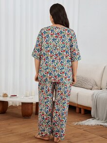 Serenescape Plus Size Women's Floral Print Short Sleeve & Long Pants Pajama Set, Half Sleeve Design, Folded Collar, All Season Wear - Multicolor - View 2