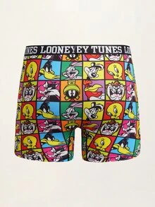 LOONEY TUNES X SHEIN Men's Cartoon Plaid All-Over Print Boxer Briefs - Black - View 2