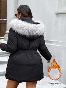 Easura Plus Size Warm Faux Fur Patchwork Hooded Padded Coat With Pockets - Black - View 2