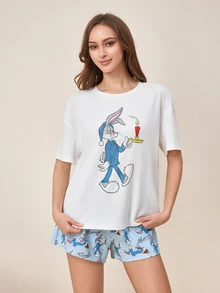 LOONEY TUNES X SHEIN 女款卡通印花短袖上衣與短褲睡衣套裝 - 藍白色 - 查看 3