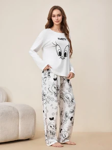 LOONEY TUNES X SHEIN Looney Tunes TWEETY Black & White Line Cartoon Character Print Long Sleeve & Long Pants Pajama Set - White - View 4
