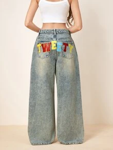LOONEY TUNES X SHEIN Women's Casual Daily Travel Denim Jeans With Pockets And Buttons - Blue - View 2