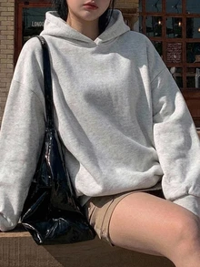 Dazy Plus Hooded Casual Fleece Solid Color Unisex Loose Streetwear Blogger Style Sweatshirt - Grey - View 7