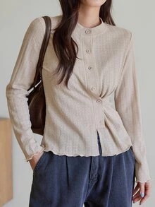 Dazy-Less Women's Korean Style Button Pleated Textured T-Shirt - Blue - View 1