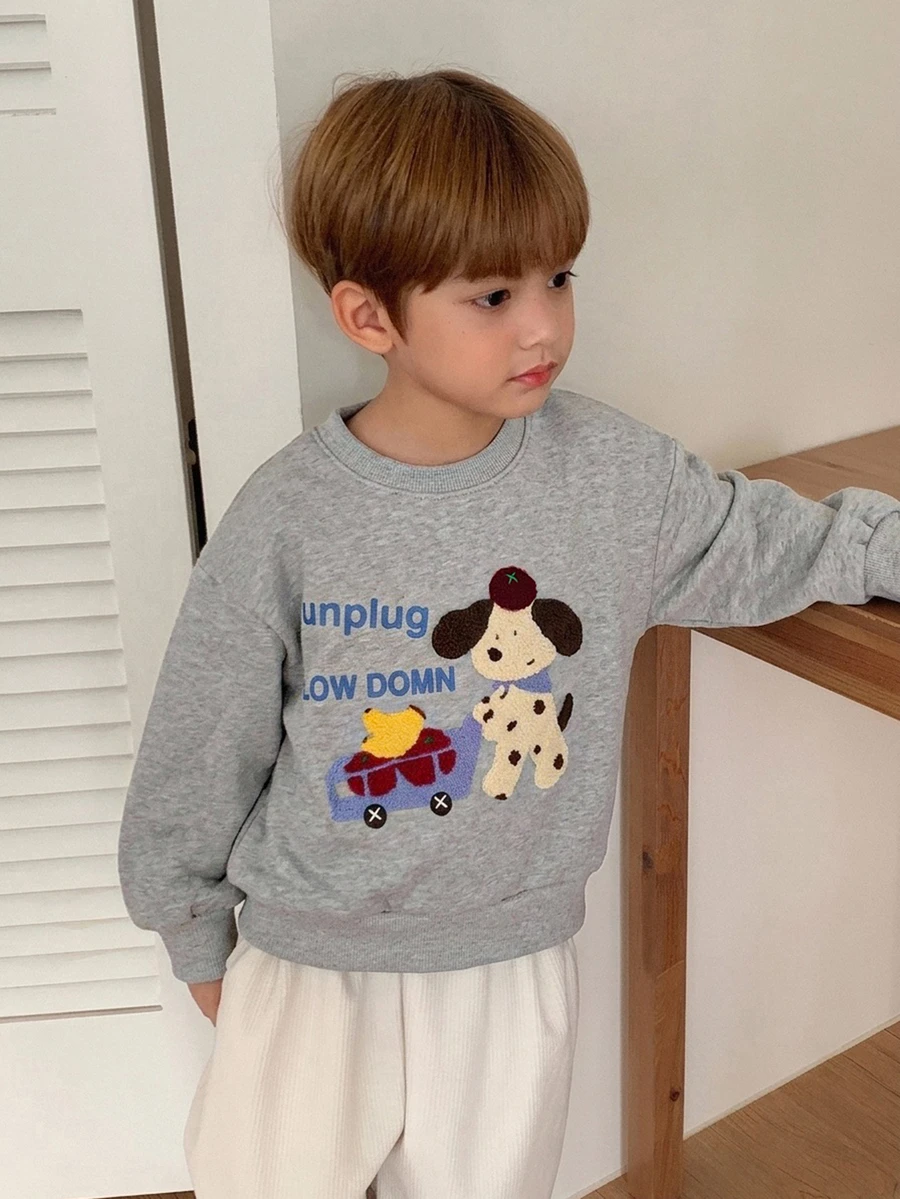 Hapijoa Young Boy Letter Cartoon Pattern Casual Daily Long Sleeve Sweatshirt - Grey - View 1