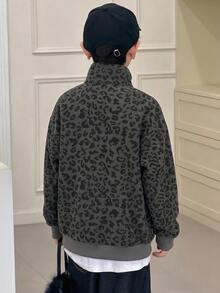 Dazy Kids 青少年男孩休閒寬鬆豹紋 Polo 領運動衫，秋季 - 深灰色 - 查看 2