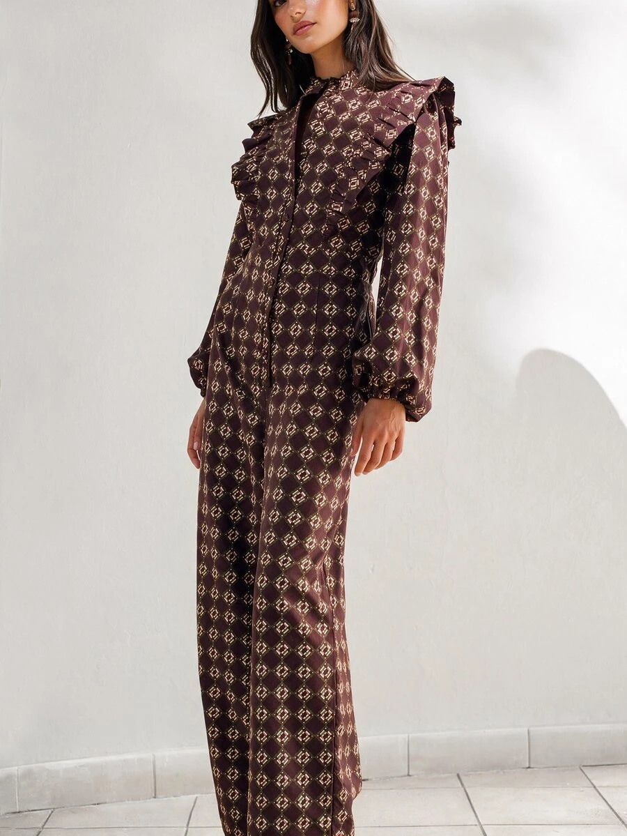 Nöista Geometric Print Ruffle Trim Jumpsuit - Brown - View 1