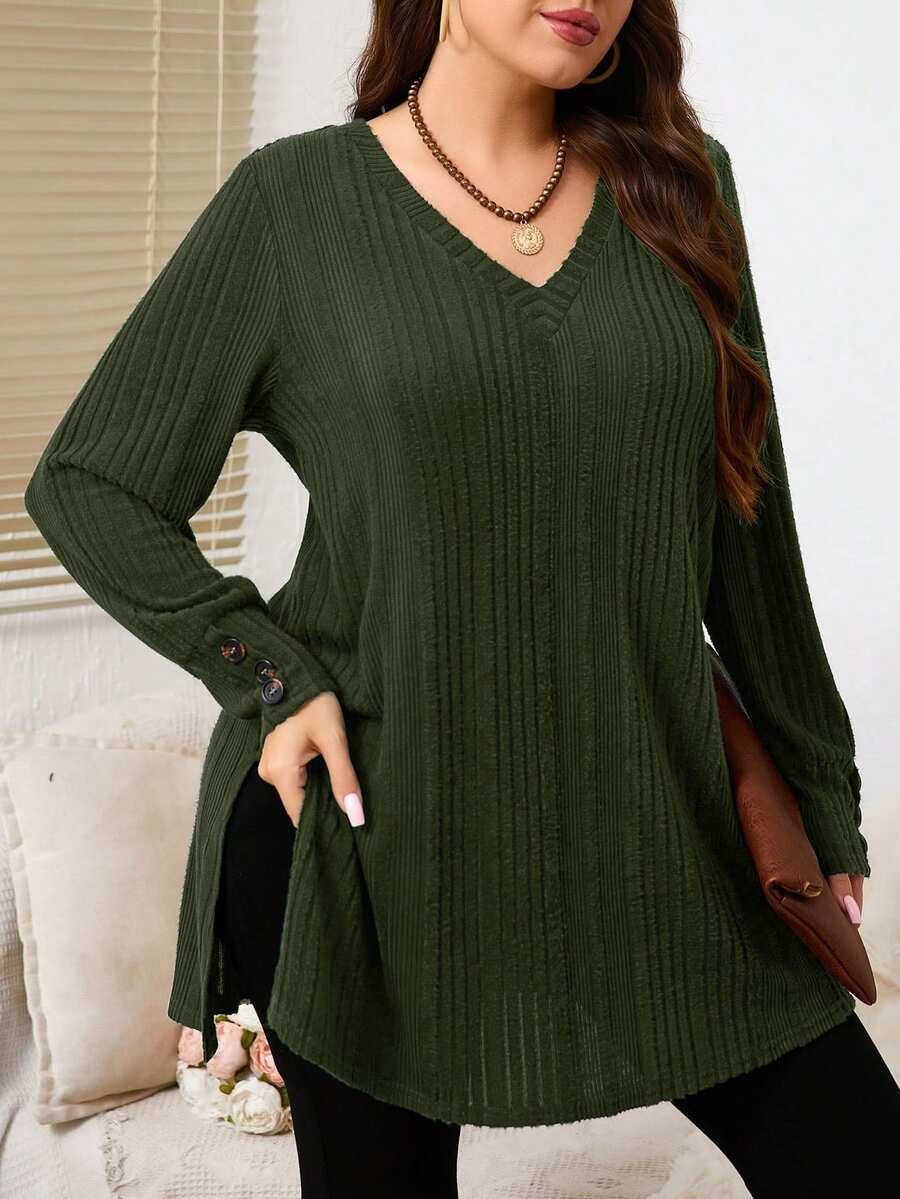 EMERY ROSE Plus Size Solid V-Neck Long Sleeve Button Decor Casual T-Shirt Fall Cloth For Women - Army Green - View 1