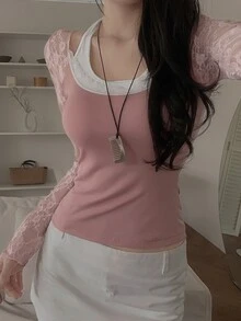 DAZY Patchwork Contrast Color Lace Fitted Halter Neck Elegant Sexy Vacation Korean Style Spring Autumn Women's T-Shirt - Pink - View 7