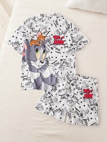 TOM & JERRY X SHEIN Men's Cartoon Print Short Sleeve Crew Neck T-Shirt And Shorts Loungewear Set - White - View 1